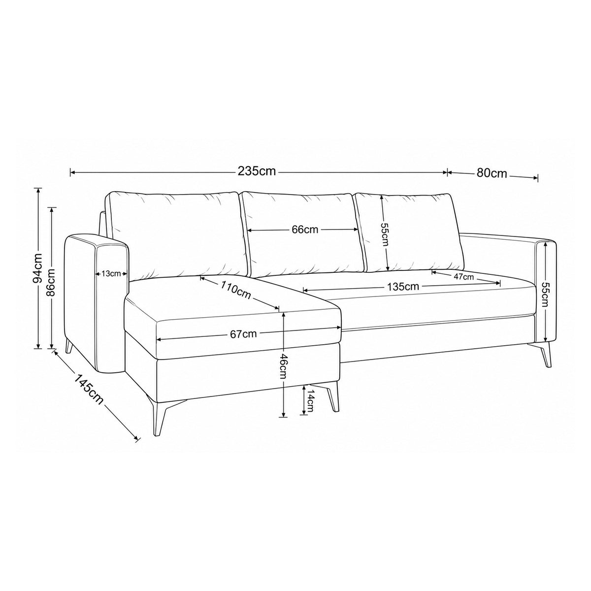 Forra corner sofa dimension drawing – 235 × 145 × 94 cm, Steel Grey (MANILA 16)