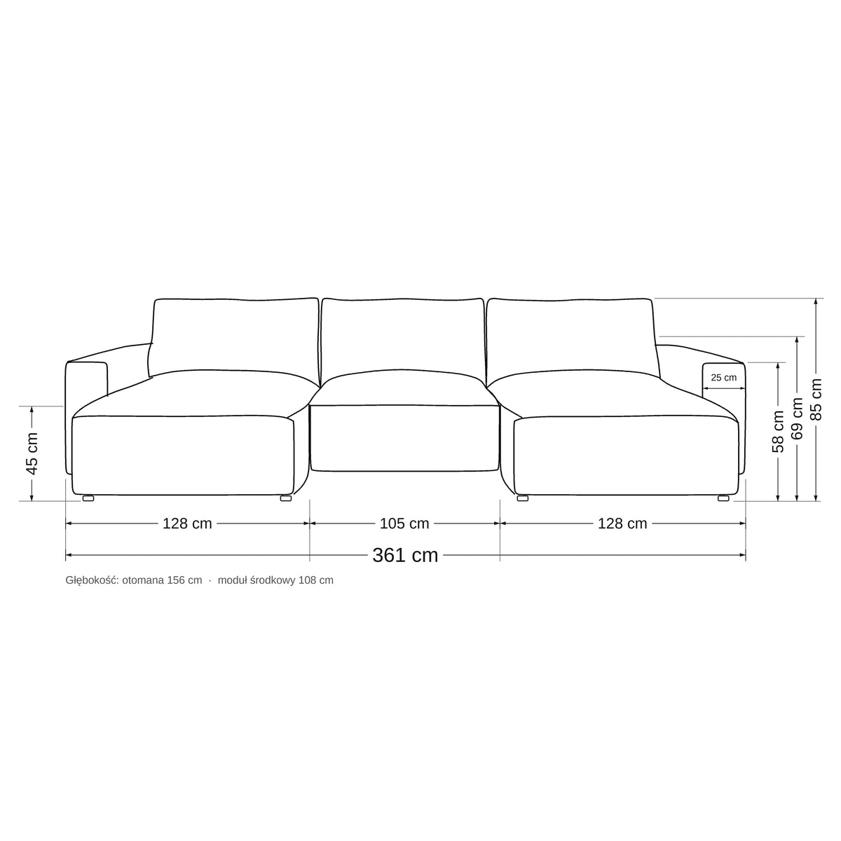 U Iskeli modular corner sofa – dimension drawing with the width of the ottomans and centre module, depth and heights