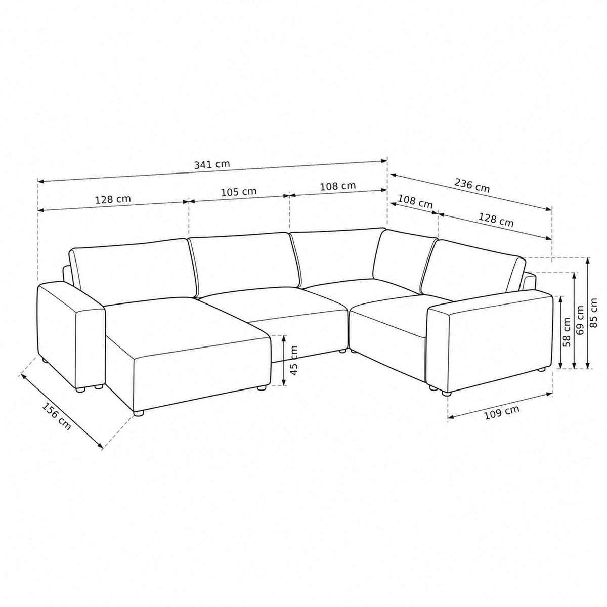 UL Iskeli Plus 341 cm modular corner sofa – dimensional drawing showing module widths, depth and heights