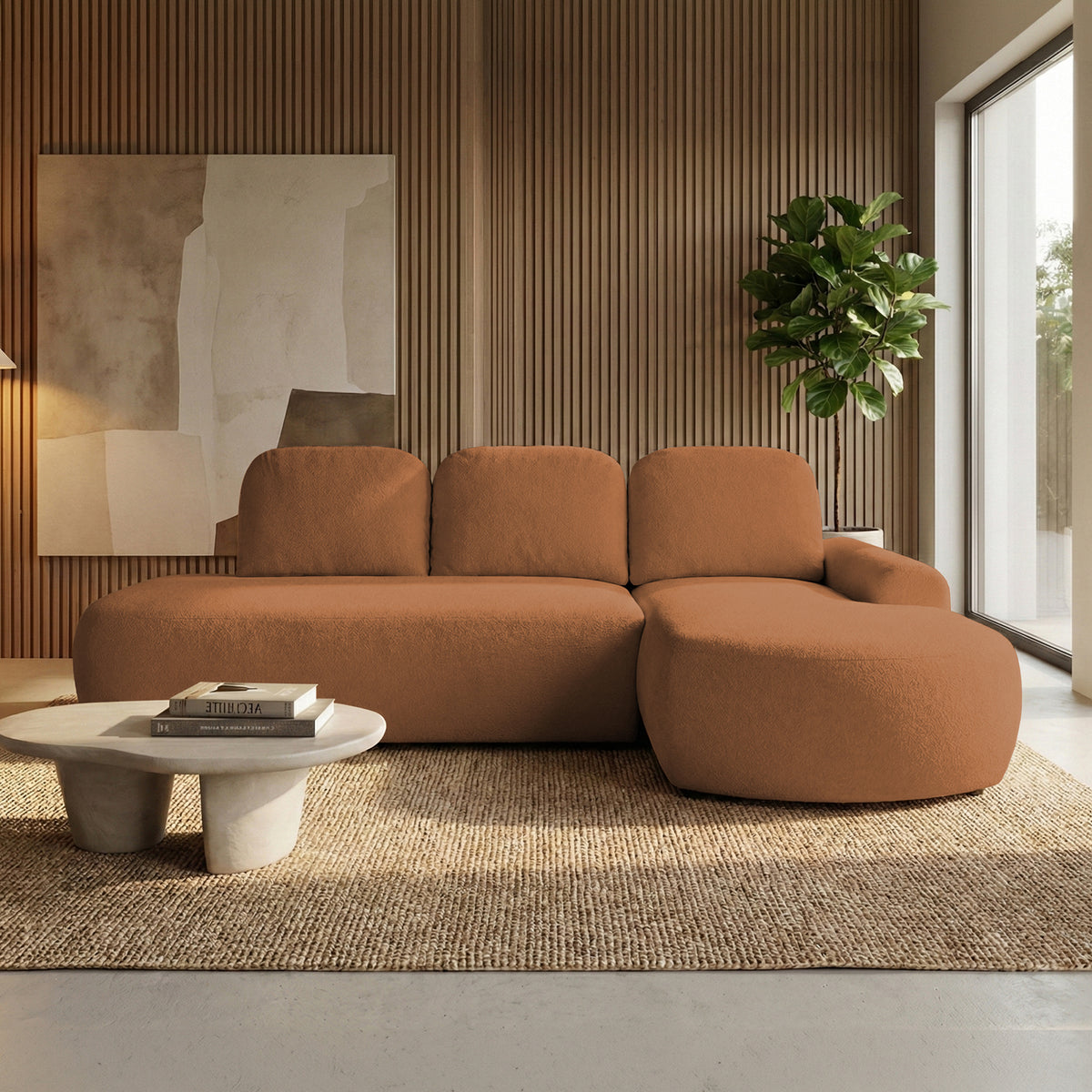 Moluni corner sofa, 263 cm, Rusty Chestnut (BELLINI 09), right-hand version, in a bright living room by the window – living room corner sofa