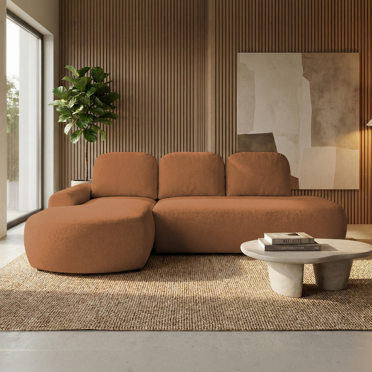 Moluni corner sofa, 263 cm, Rusty Chestnut (BELLINI 09), left-hand version, in a living room with slatted panelling, a jute rug and a coffee table