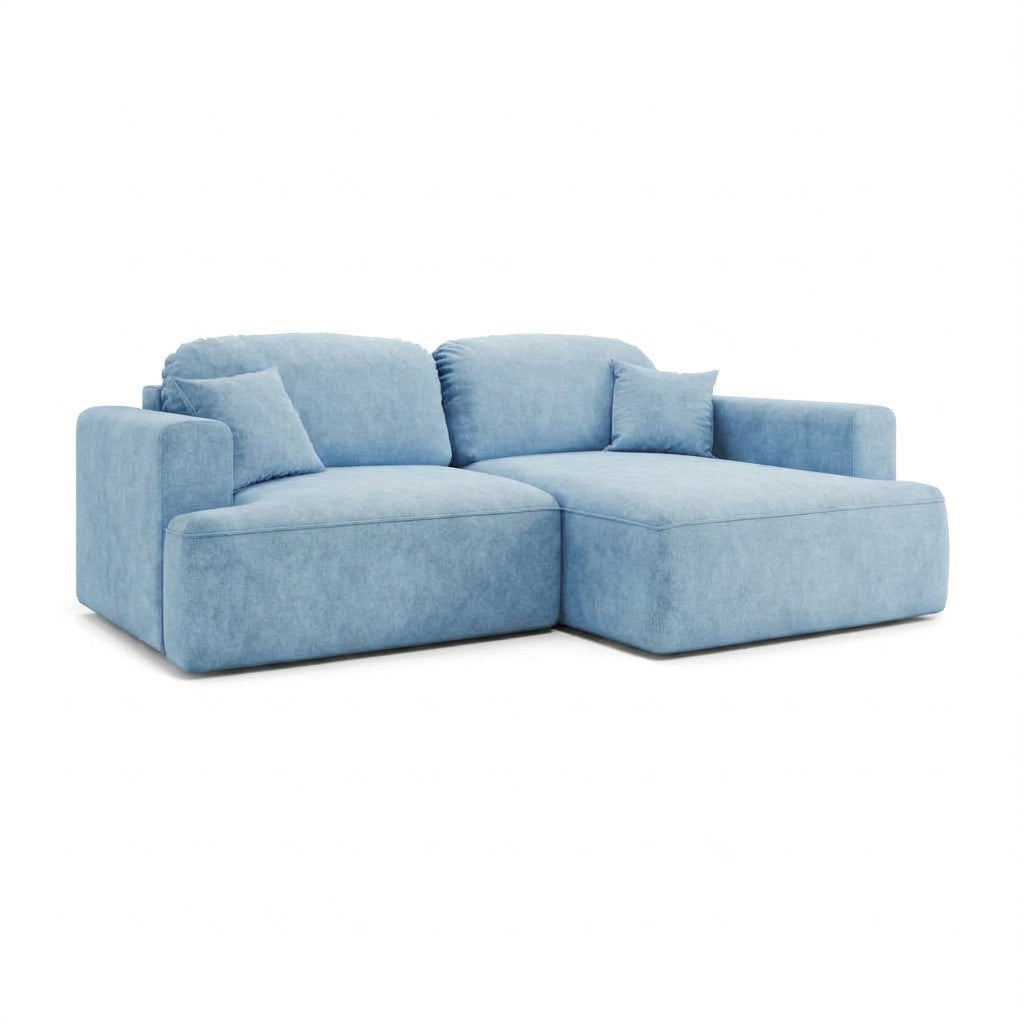 Senvali corner sofa 240 cm in Steel Azure (CLOUD 71), right-hand version – corner sofa bed with chaise longue, angled view