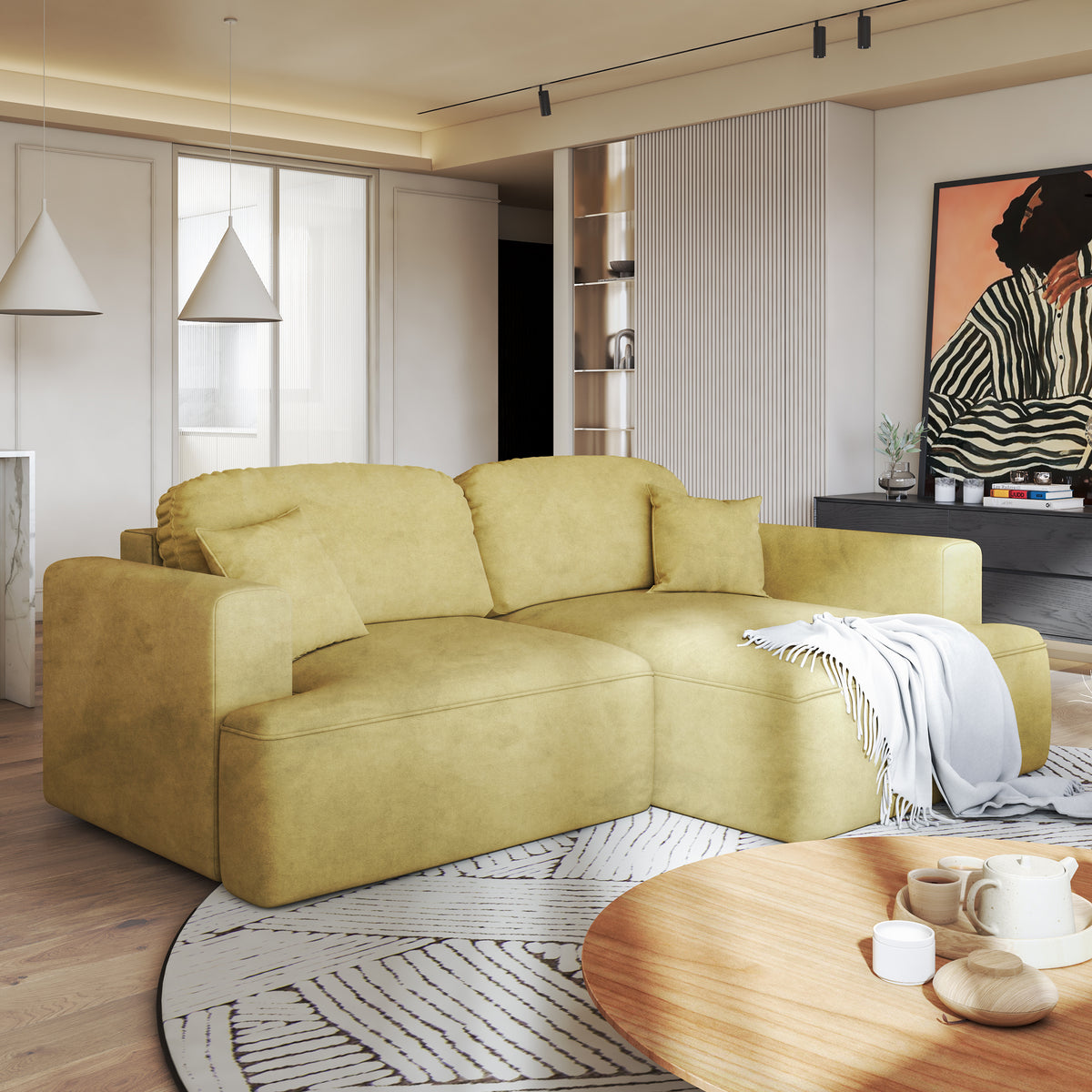 Senvali corner sofa 240 cm in Golden Sepia (CLOUD 32), right-hand version in a modern living room with a painting and a round rug