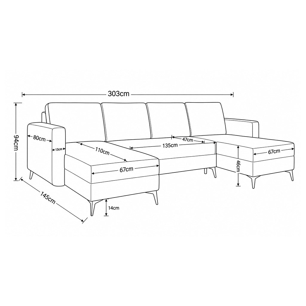 Dimension drawing of the Forra U-shaped corner sofa: width 303 cm, depth 145 cm, height 94 cm, chaise longues 67 cm