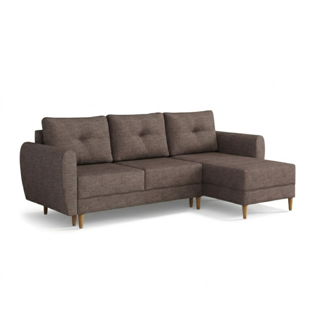 Quilted Harmi corner sofa 235 cm in Sandy Taupe (SAWANA 12), right-hand version on wooden legs