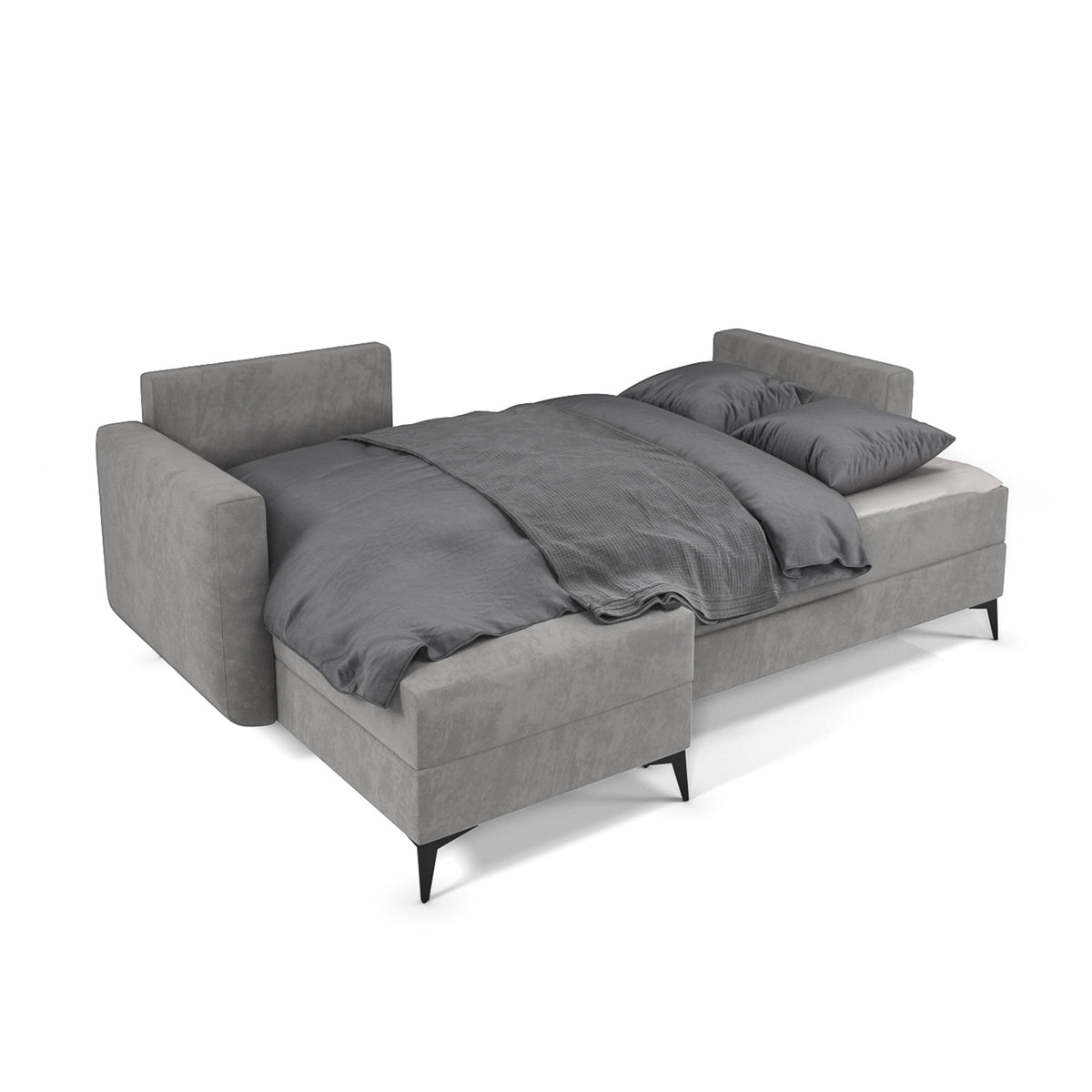Forra corner sofa unfolded into a bed with bedding, Steel Grey (MANILA 16)