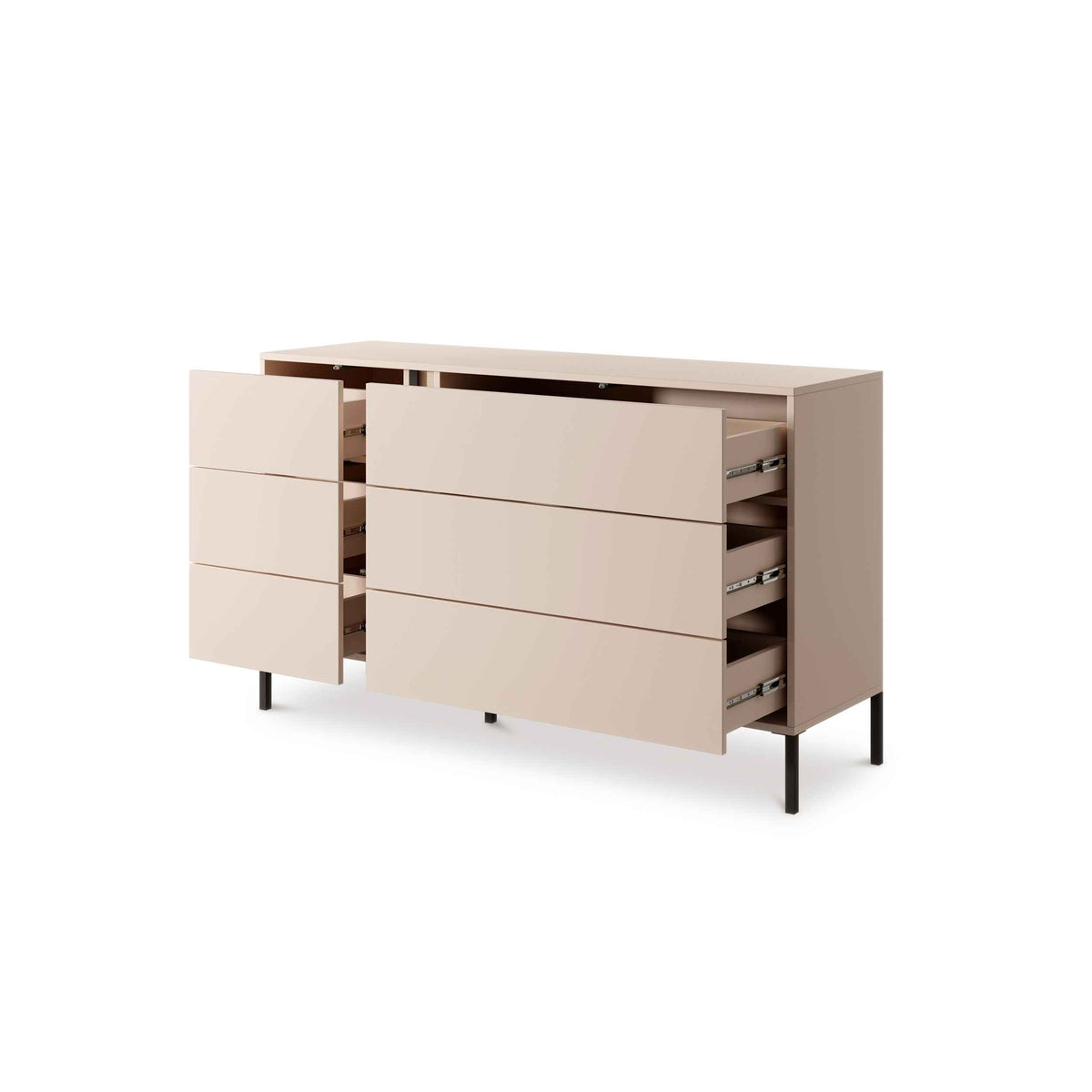 Komoda Dust 137x81 z 6 szufladami w stylu minimalistycznym – z otwartymi frontami