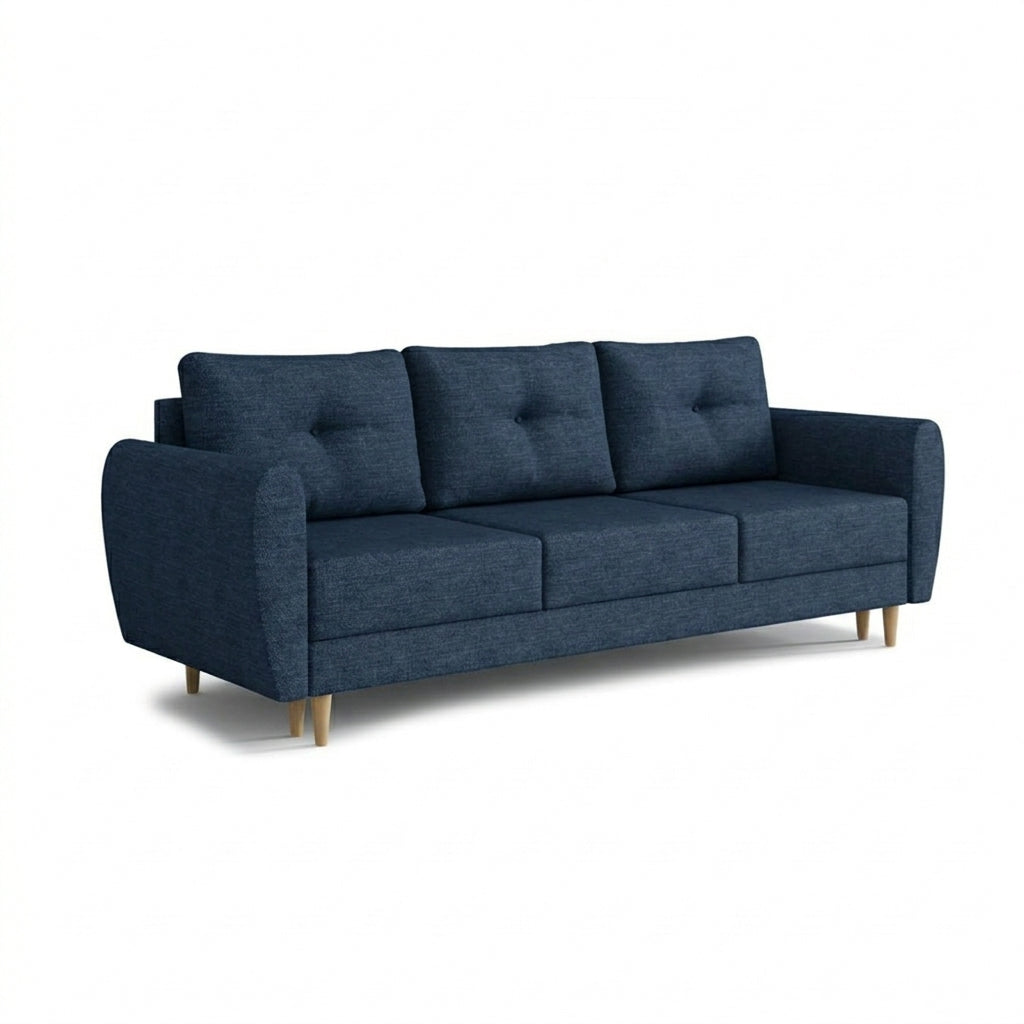 Harmi sofa, 235 cm, Stormy Navy (SAWANA 20) – three-seater sofa with bedding storage compartment on beech legs