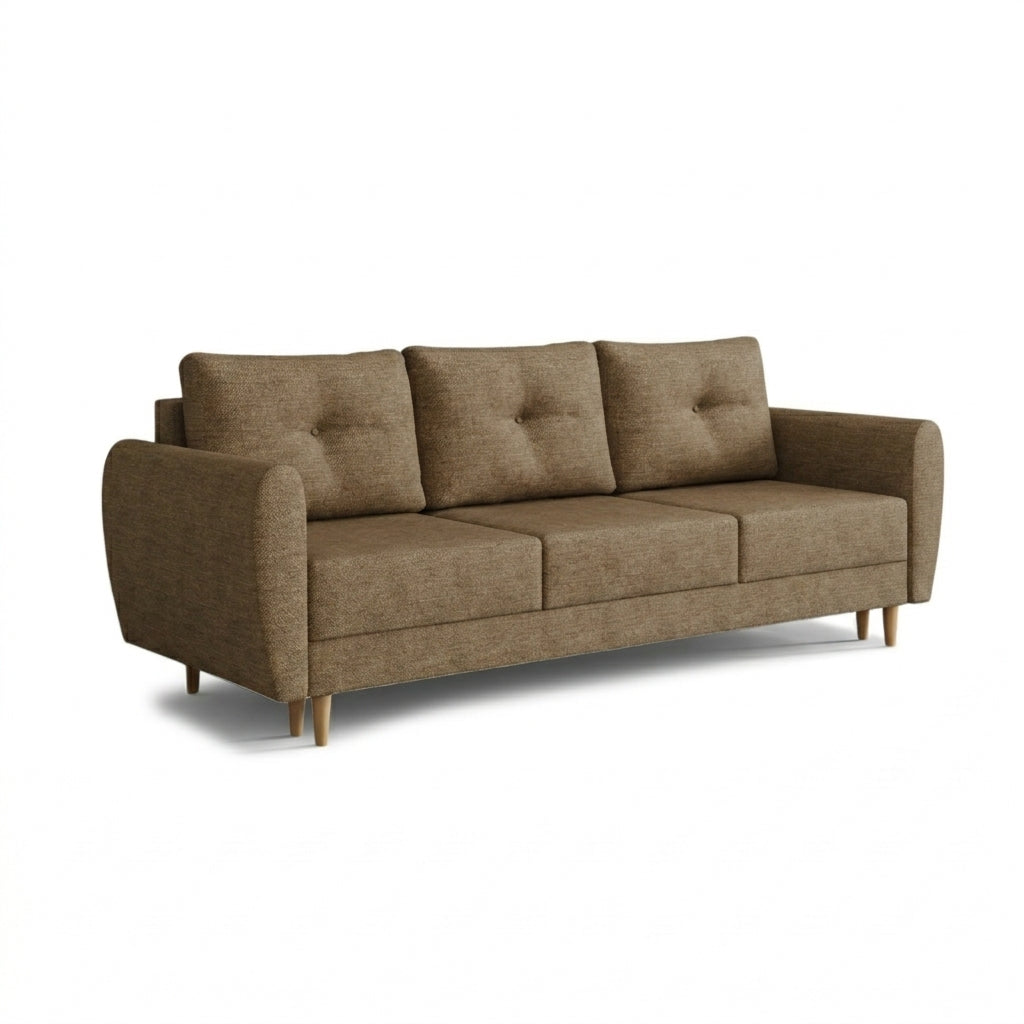 Harmi sofa, 235 cm, Coffee Slate (SAWANA 03) – three-seater sofa with bedding storage compartment on beech legs