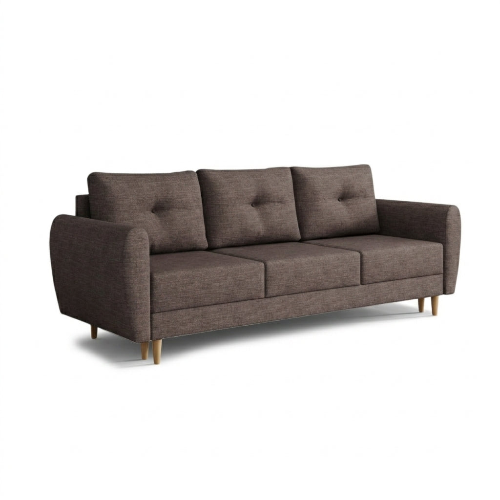 Harmi sofa, 235 cm, Sandy Taupe (SAWANA 12) – three-seater sofa with bedding storage compartment on beech legs