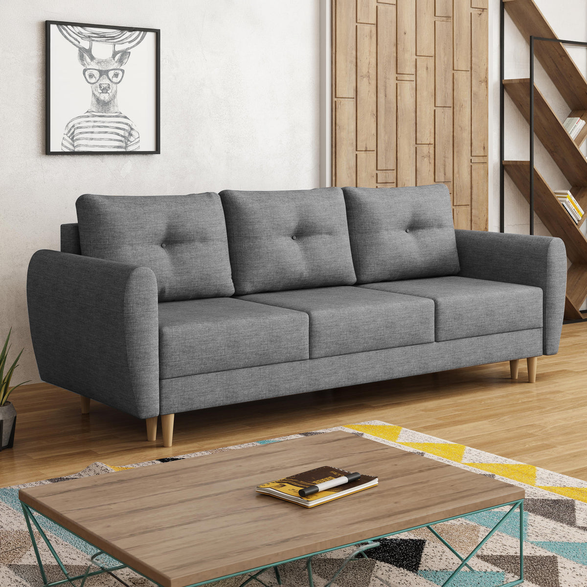 Harmi sofa, 235 cm, in a living room with a wooden shelving unit and coffee table – Scandinavian sofa bed