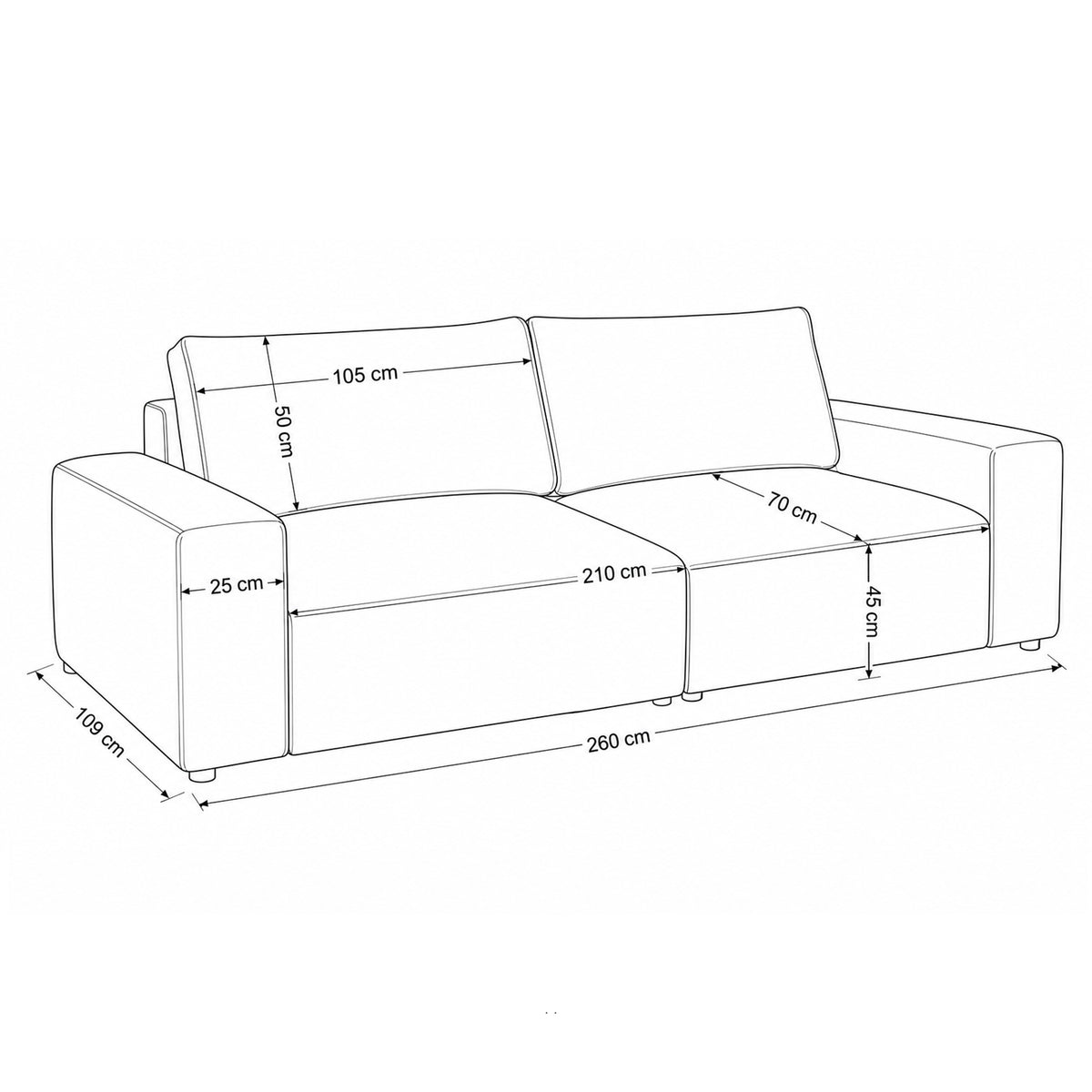 Iskeli 260 cm modular sofa – dimension drawing with width, depth, seat and backrest cushions