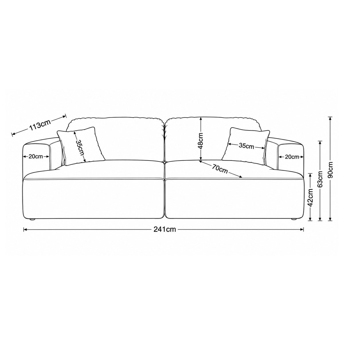 Senvali 241 cm sofa – dimension drawing with width, height, depth and the dimensions of the seat and armrests