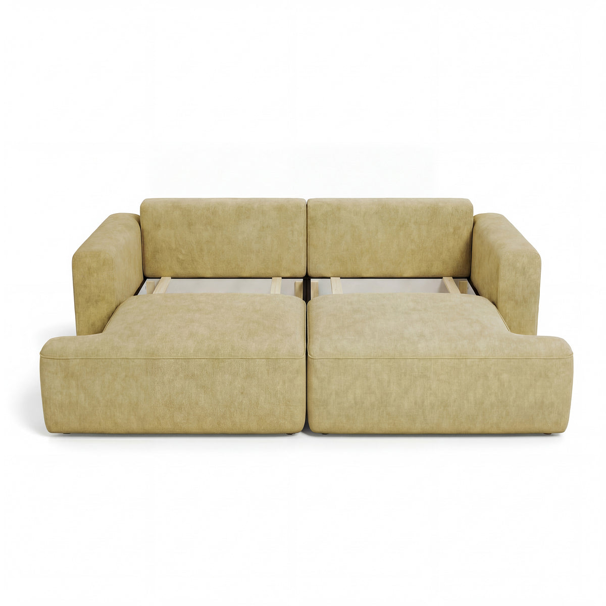 Senvali 241 cm sofa in Golden Sepia (CLOUD 32) with the bedding storage open – two compartments under the seat