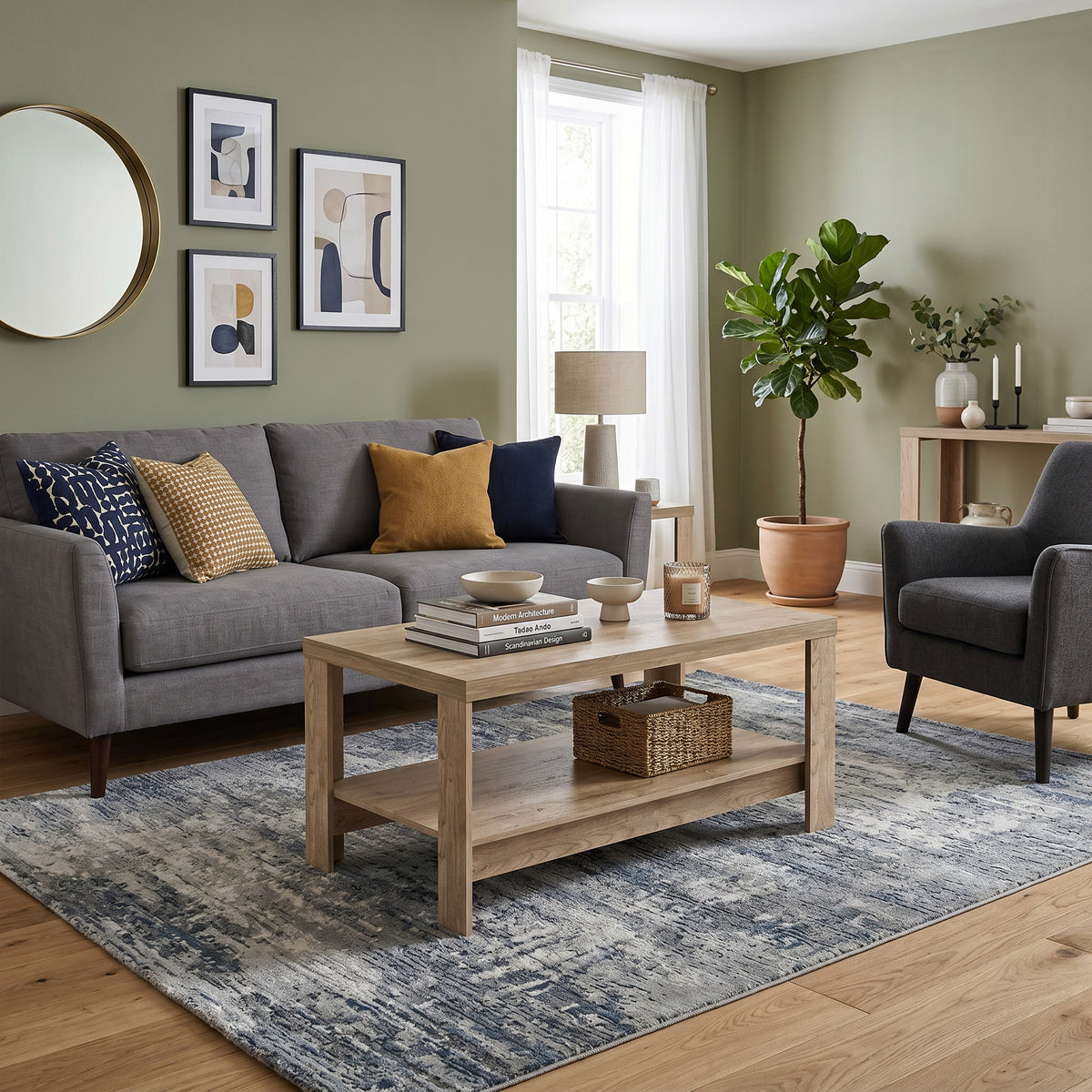 Korin coffee table 120x57 in a living room with a grey sofa and a mirror – large coffee table with a shelf
