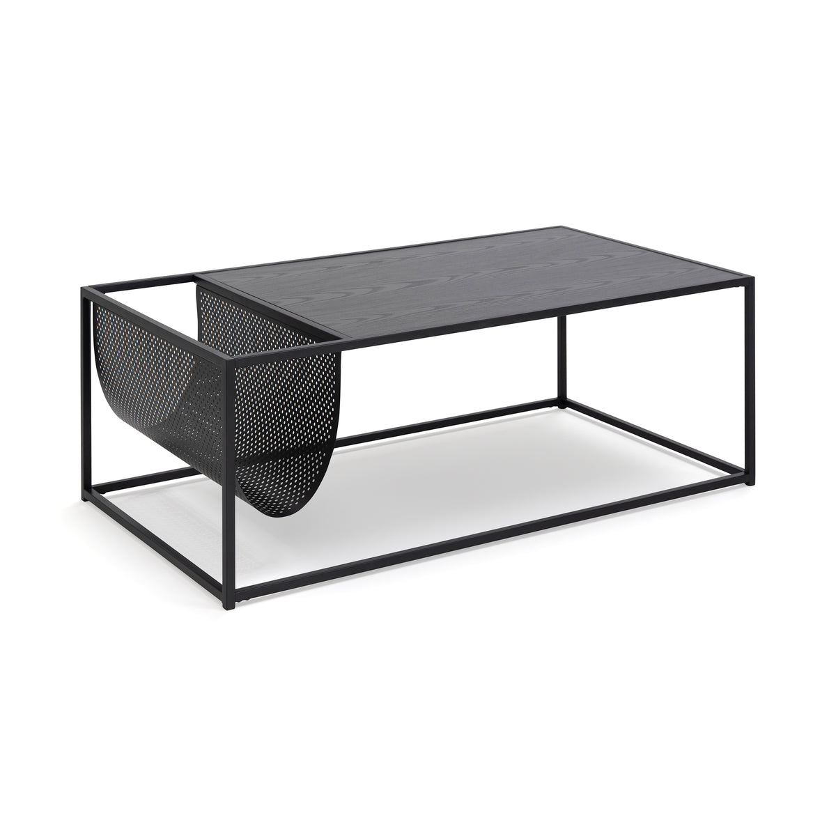 Skeleto coffee table 110x40 with a black ash-effect top, viewed from an angle – a living room table with a magazine pocket