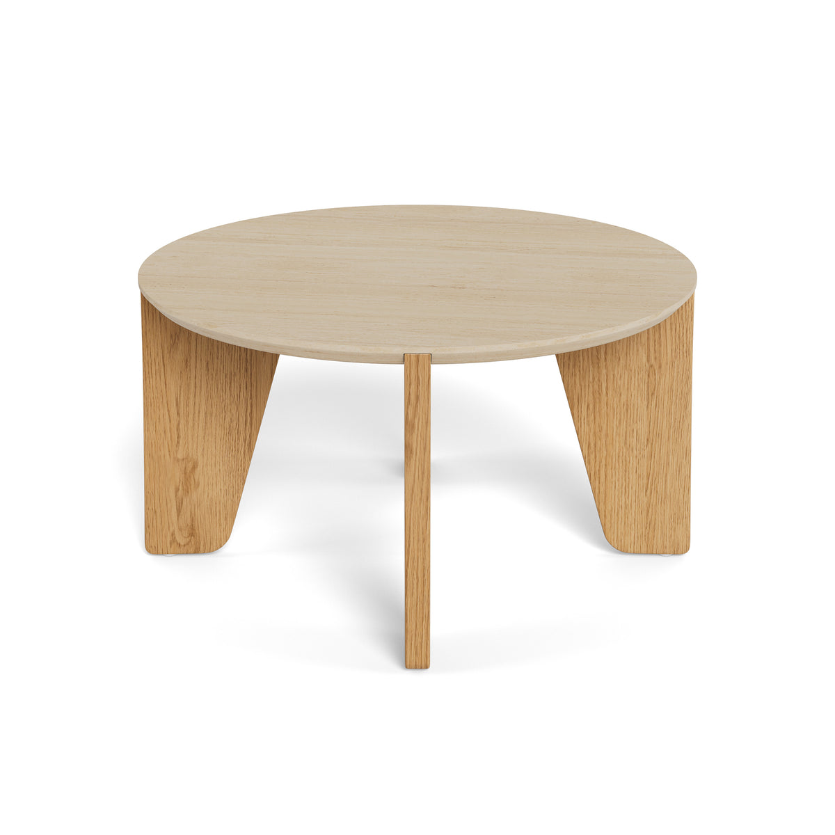 Tendra coffee table, Ø80x45, front view – an organic shape with tapered legs that widen towards the bottom