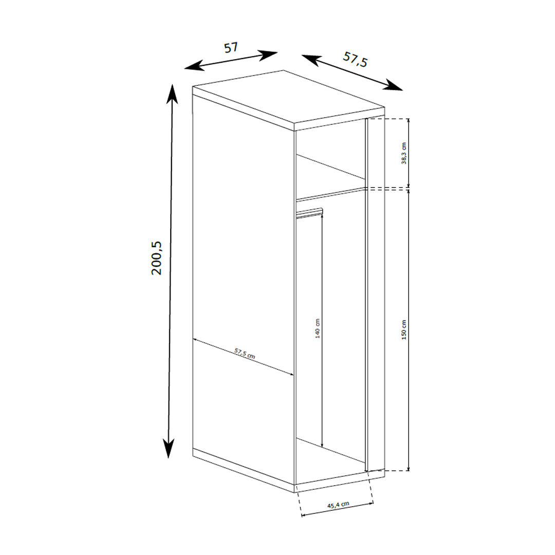 Korin wardrobe 201x57 – dimension drawing with width, height and depth
