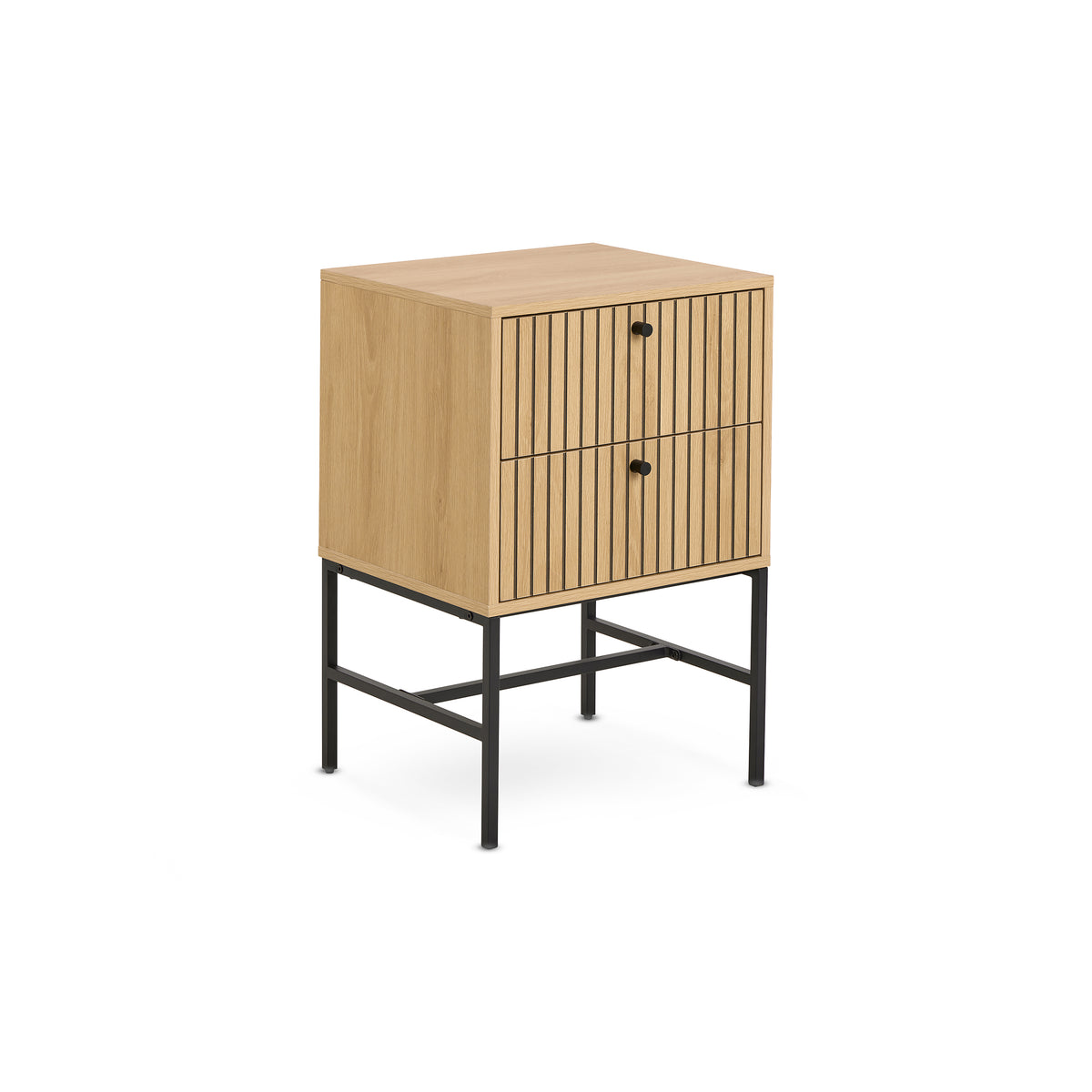 Bambouz 46x70 bedside table in oak – an oblique view of the slatted front and black steel base