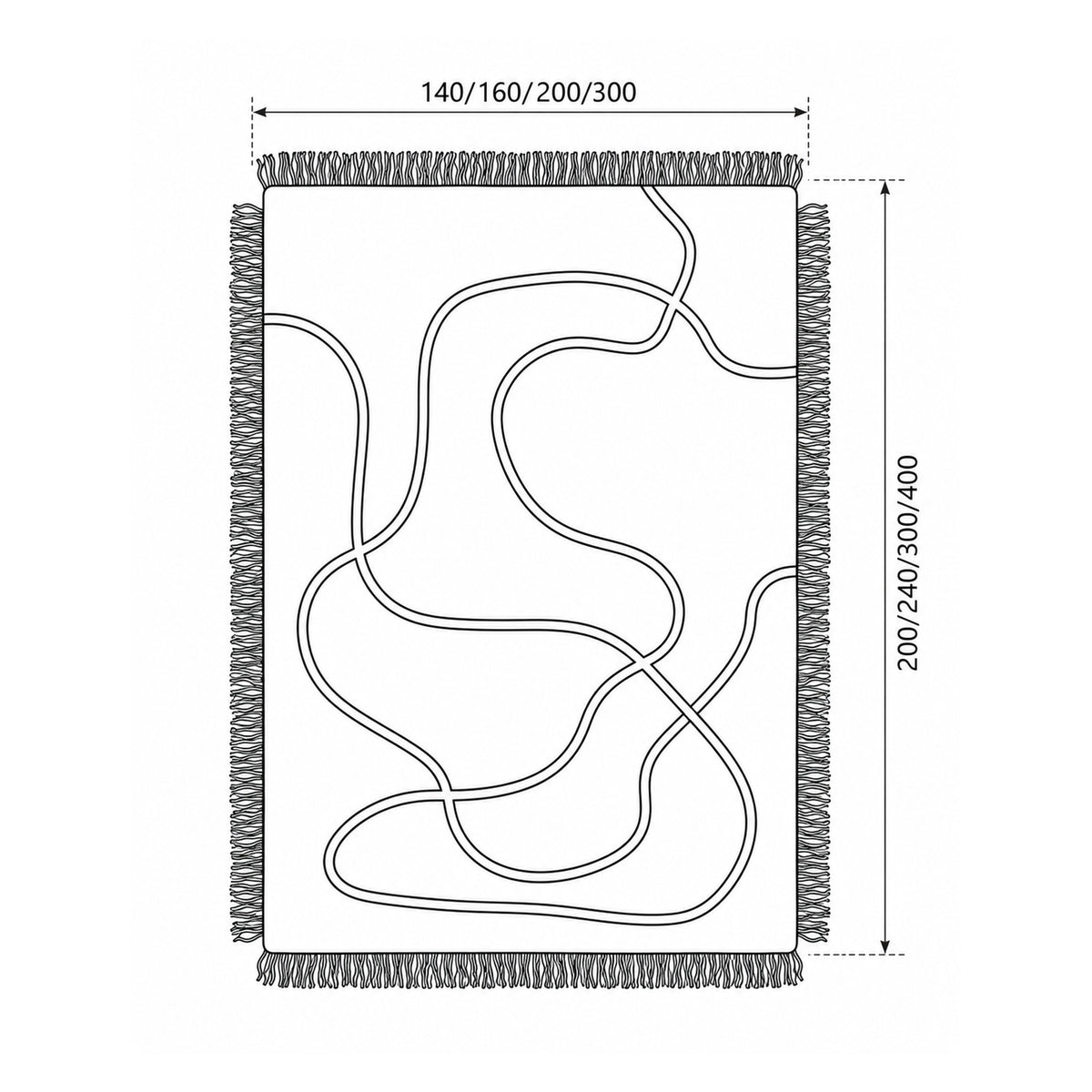 Serpello Rug with Fringes and a Flowing Pattern, Boho Style – dimensions drawing