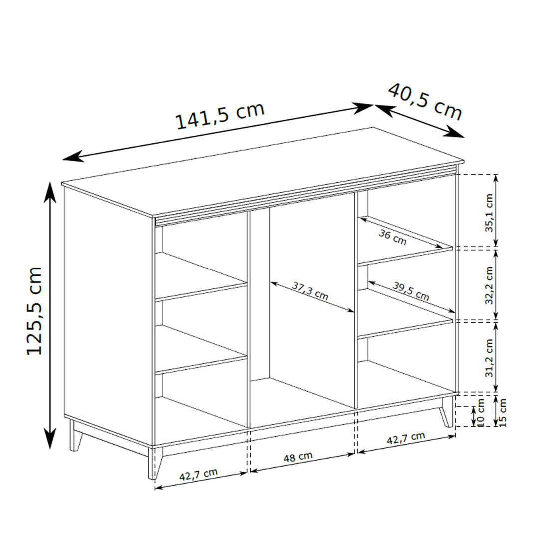 Witryna Serena 142x126 z przeszkleniem i szufladami w stylu modern classic – rysunek z wymiarami