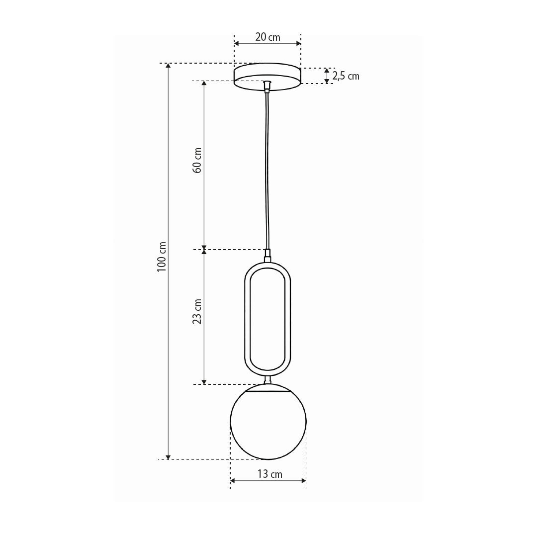 Obal Pendant Lamp with Spherical Shade and Black Frame, Loft Style – dimensions drawing