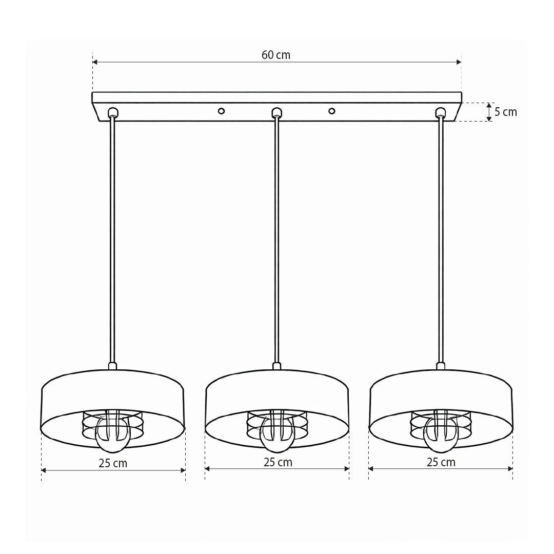 Lampa Spirra wisząca 3-punktowa w stylu industrialnym – rysunek z wymiarami