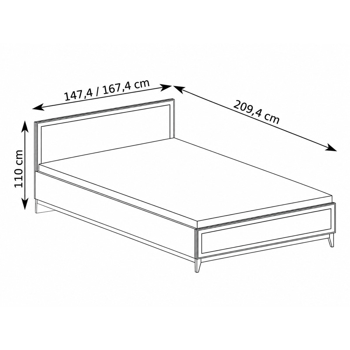 Serena Ottoman Bed with Storage and Decorative Headboard, Modern Classic Style – dimensions drawing