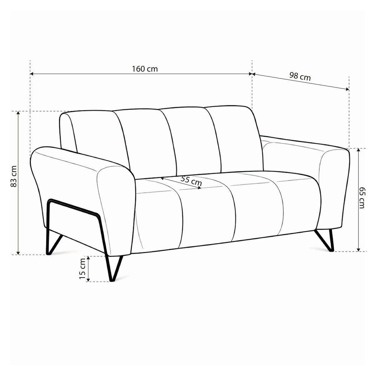 Sofa Nellia 2-osobowa do salonu w stylu soft, tkanina Storm – rysunek z wymiarami