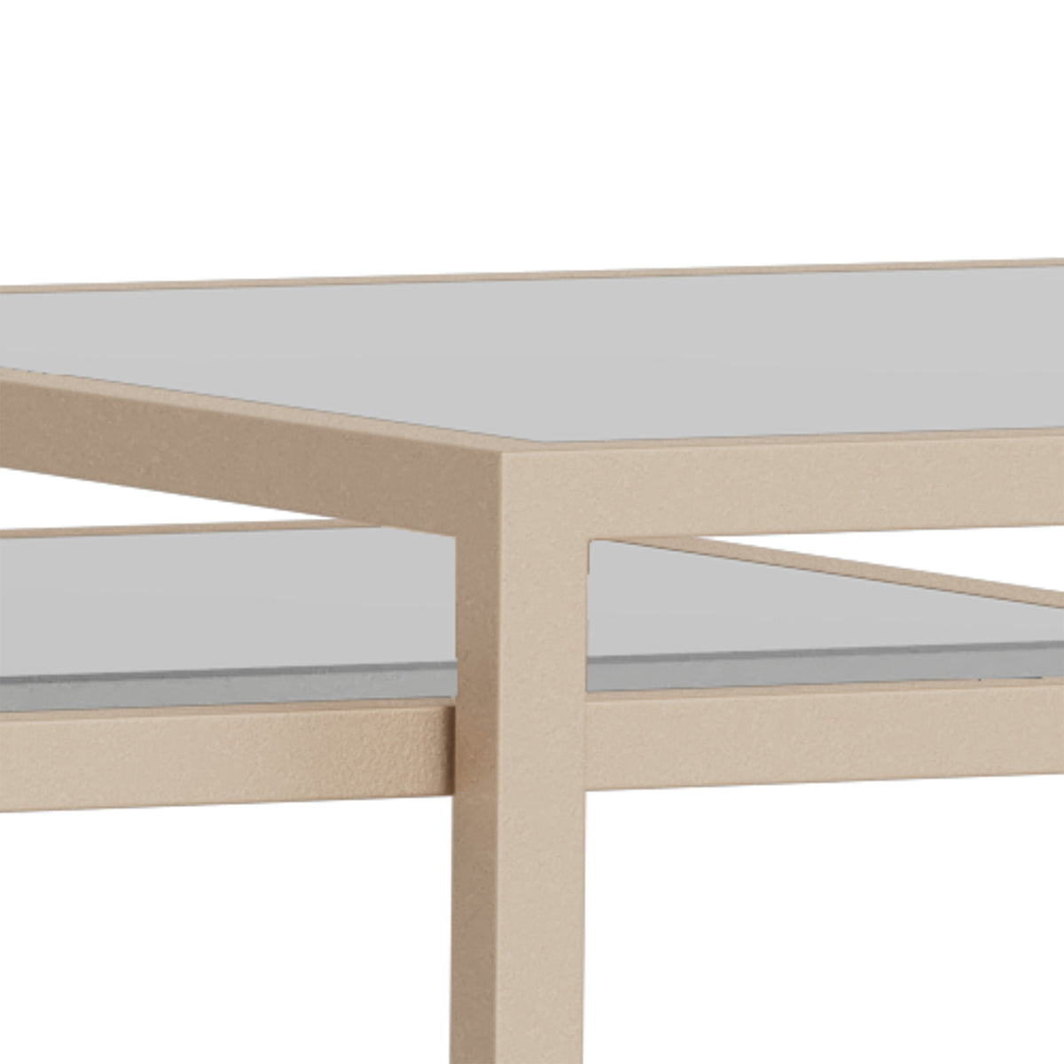 Stoliki kawowe Skeleto – zbliżenie na blat z hartowanego szkła osadzony w stalowej ramie malowanej proszkowo