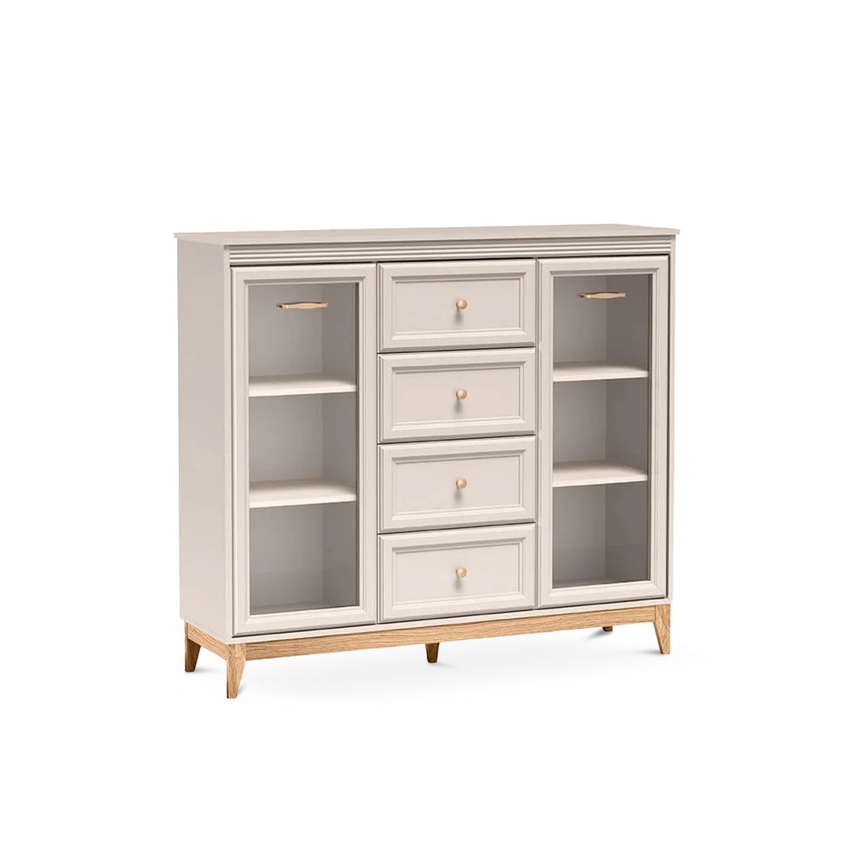 Witryna do salonu Serena 142x126 z przeszkleniem i szufladami w stylu modern classic – widok pod kątem | Pillovely