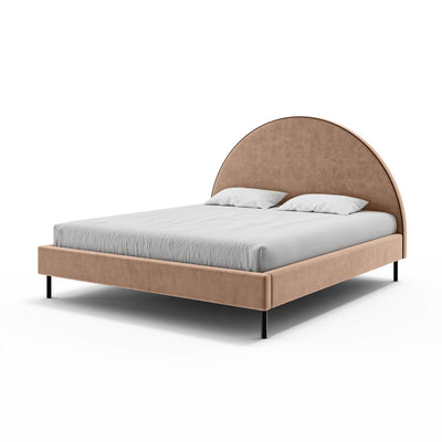 Łóżko tapicerowane Zora 140x200, 160x200 i 180x200 z półokrągłym zagłówkiem i pojemnikiem w stylu soft modern – widok pod kątem | Pillovely