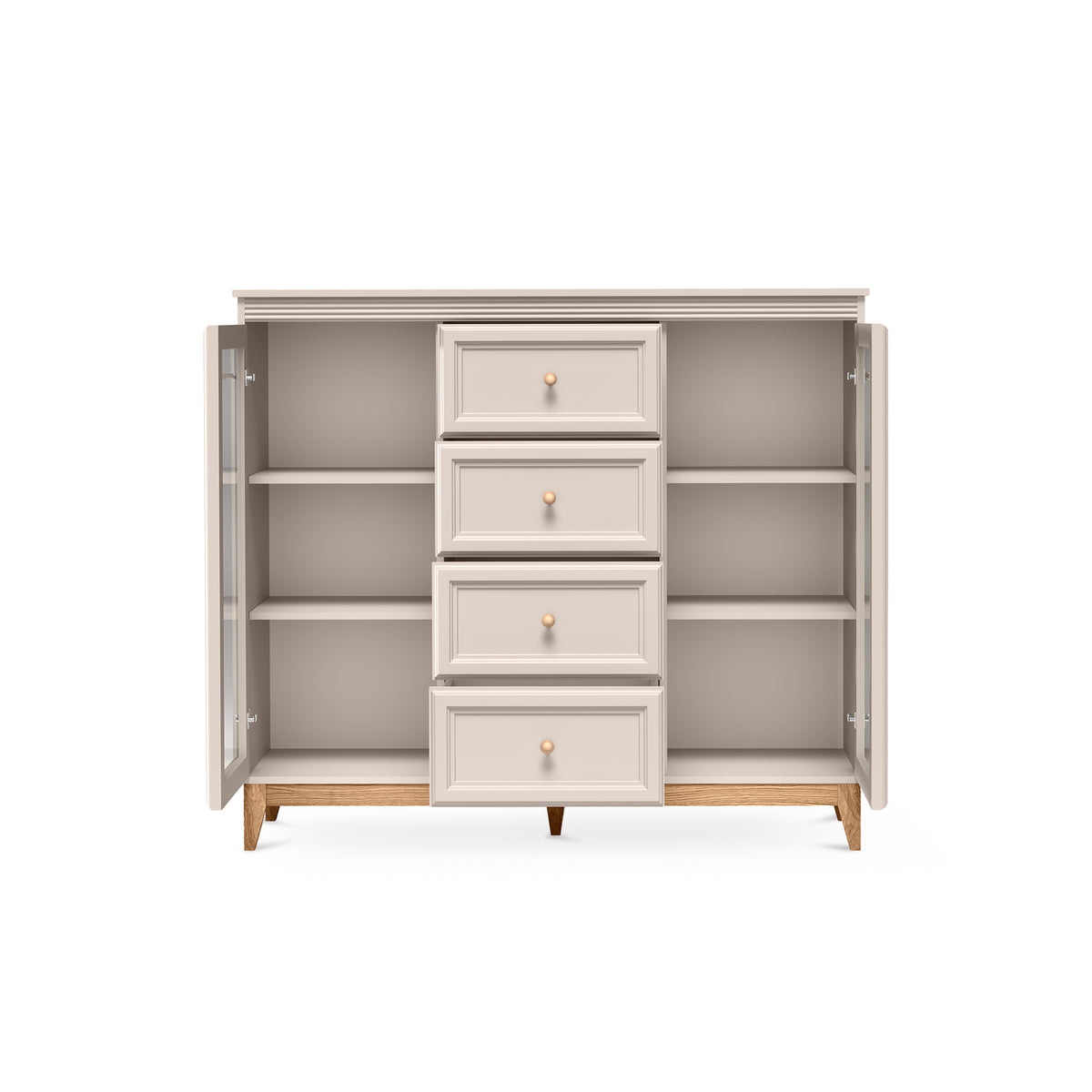 Witryna Serena 142x126 z przeszkleniem i szufladami w stylu modern classic – z otwartymi frontami
