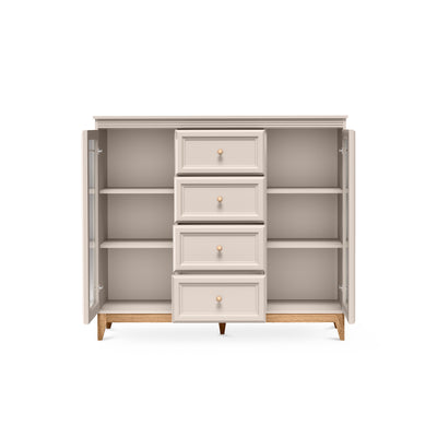 Witryna Serena 142x126 z przeszkleniem i szufladami w stylu modern classic – z otwartymi frontami