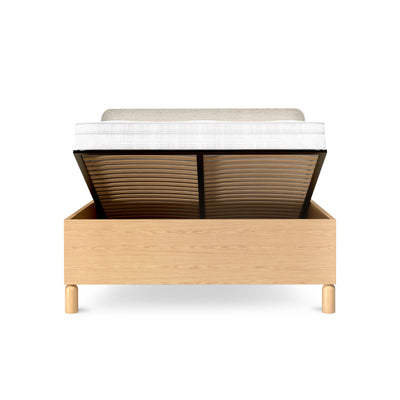 Fjord Upholstered Ottoman Bed 140/160x200 with Storage, Scandinavian Style – with doors open