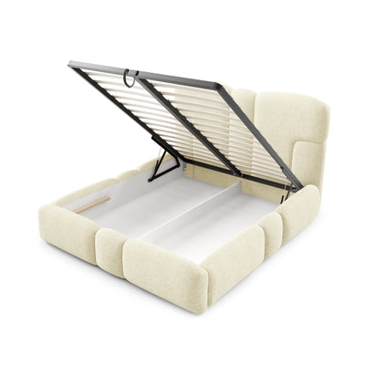 Puffra Upholstered Ottoman Bed with Storage, Various Sizes in Soft Style – with doors open