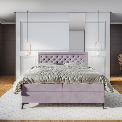Łóżko kontynentalne Rosselia 140x200, 160x200 i 180x200 pikowane z dwoma pojemnikami w stylu glamour – w aranżacji wnętrza