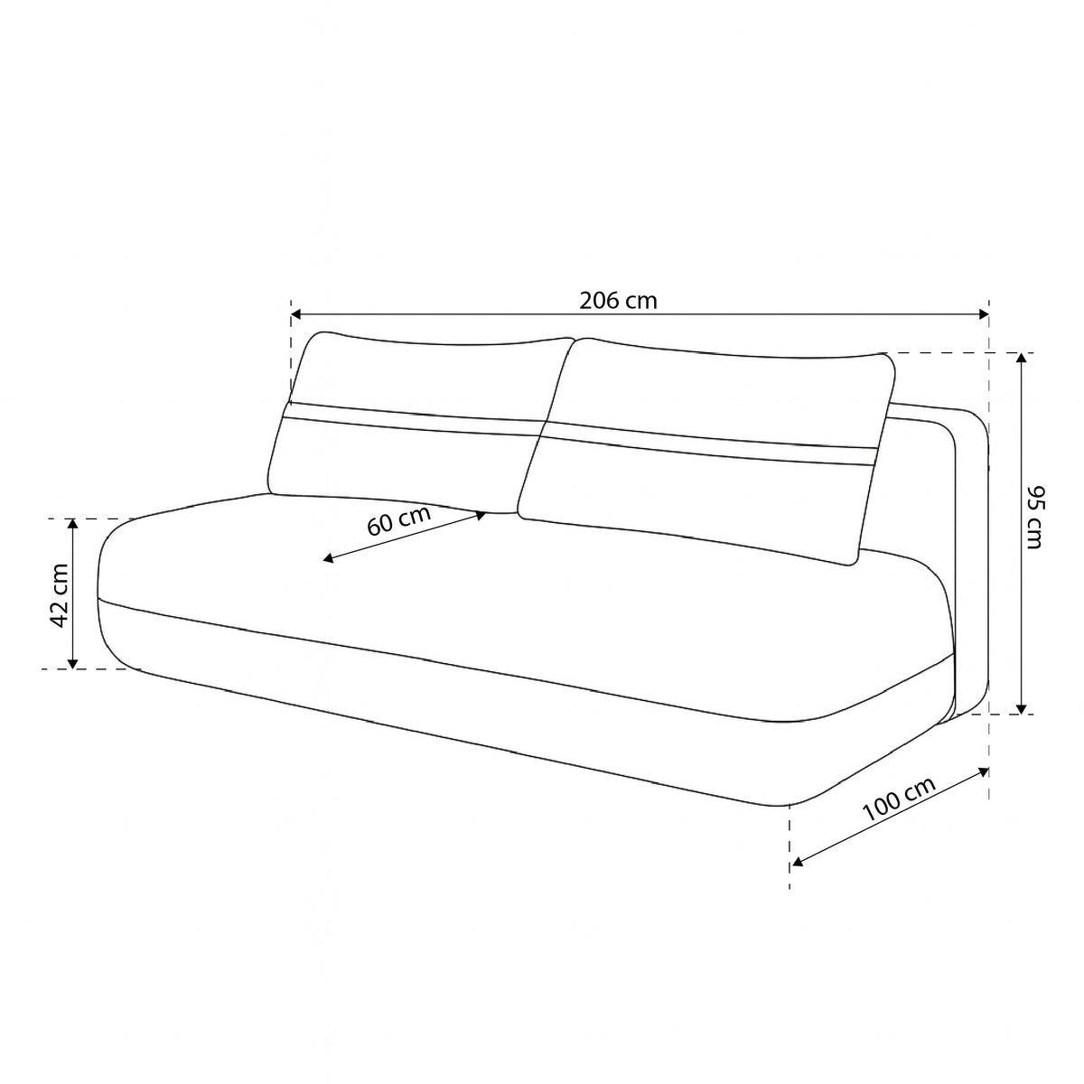 Sofa Lento 2-osobowa z funkcją spania 206 cm w stylu minimalistycznym – rysunek z wymiarami