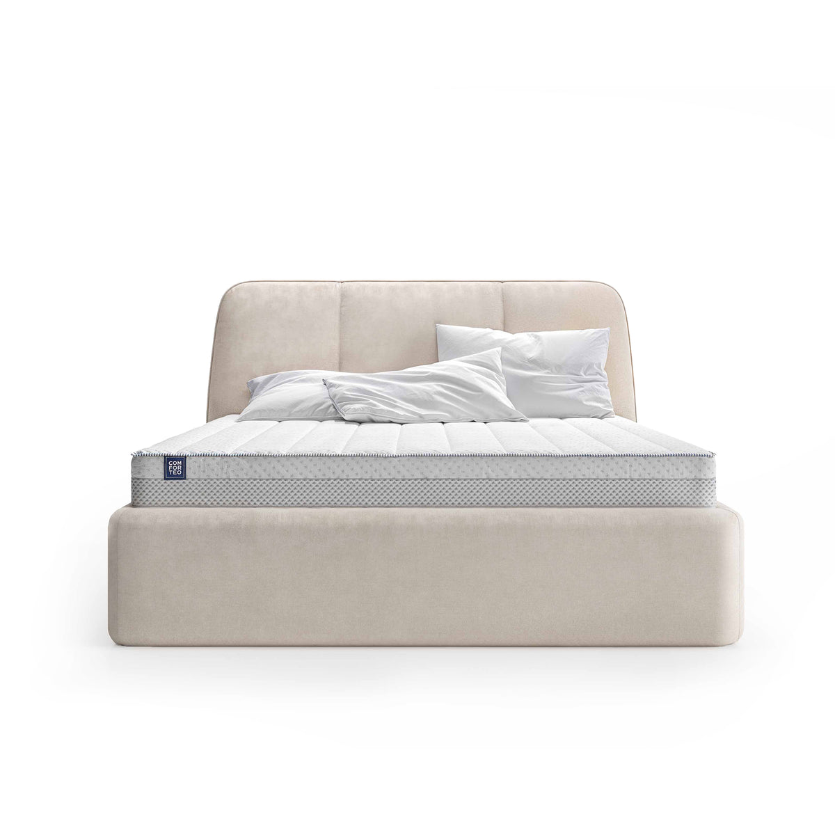 Łóżko tapicerowane Elle z dużym pojemnikiem w stylu soft minimalism – widok z przodu