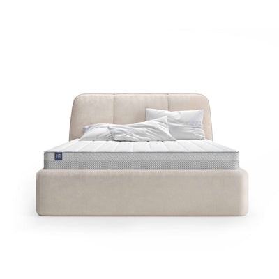 Łóżko tapicerowane Elle z dużym pojemnikiem w stylu soft minimalism – widok z przodu