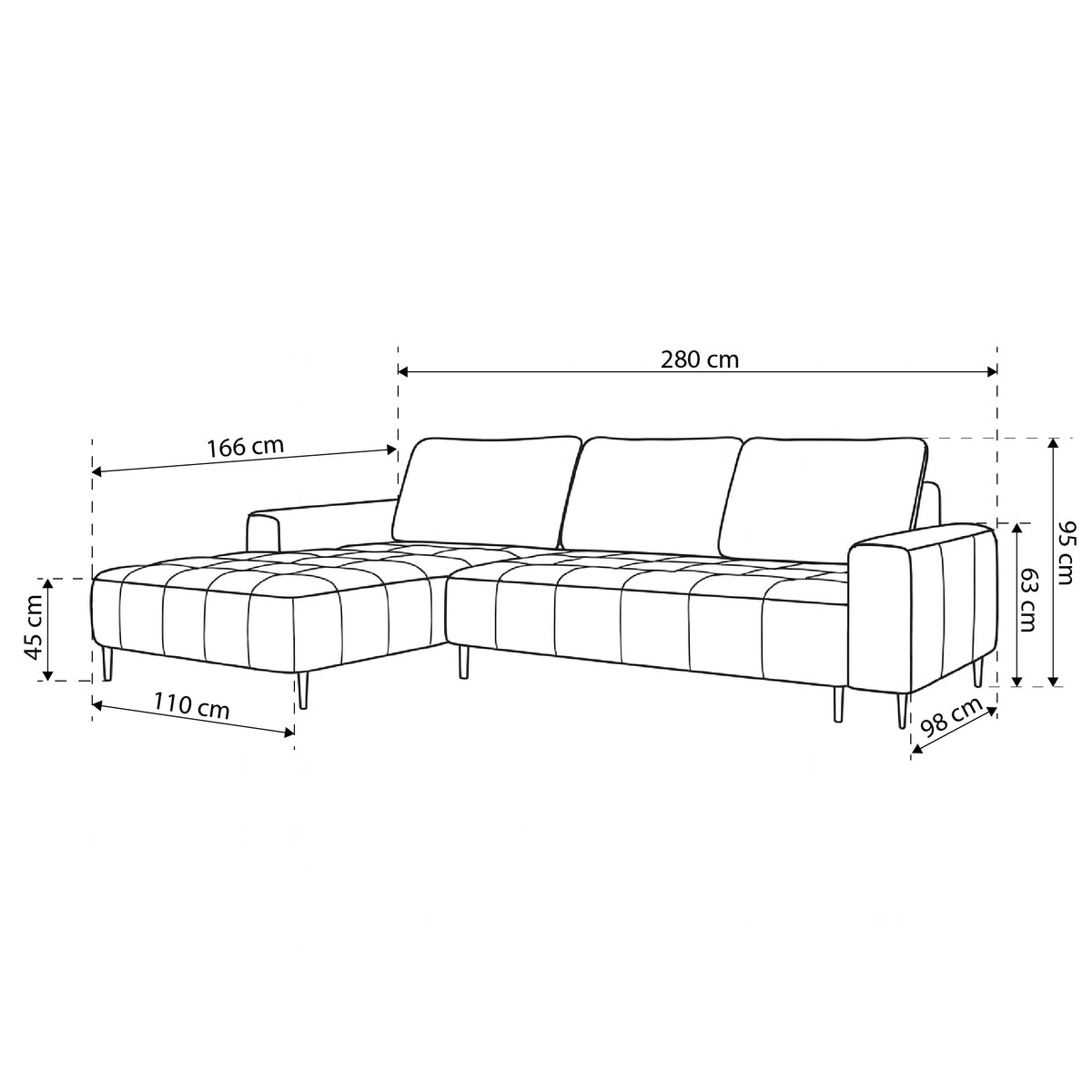 Narożnik Francessco z pojemnikiem na pościel 280 cm w stylu eleganckim – rysunek z wymiarami