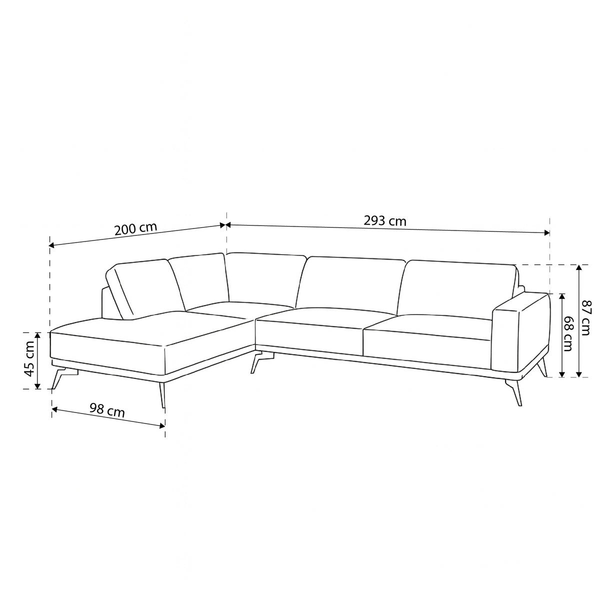 Narożnik Rosalia Premium 293 cm w stylu nowoczesnym – rysunek z wymiarami