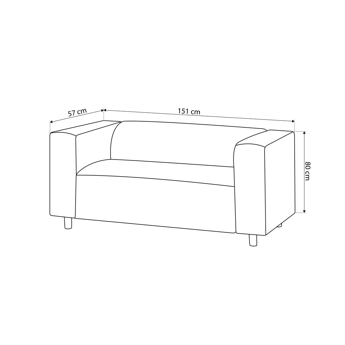 Sofa July 2-osobowa 151 cm – rysunek z wymiarami