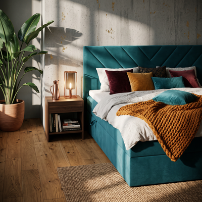Łóżko kontynentalne Lasy 140x200, 160x200 i 180x200 z topperem w stylu nowoczesnym – w aranżacji wnętrza