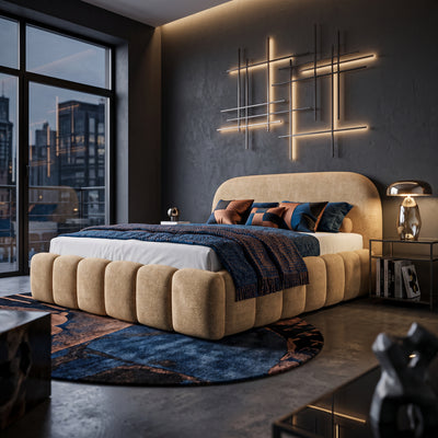 Łóżko tapicerowane Tegell 140x200, 160x200 i 180x200 z pojemnikiem w stylu modern soft, tkanina Monte – w aranżacji wnętrza