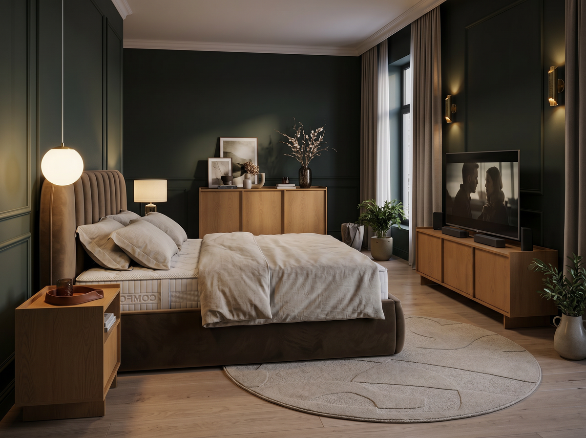 Elegancka sypialnia z brązowym tapicerowanym łóżkiem Carla, drewnianą komodą, szafką RTV i szafką nocną Kiyro oraz jasnym okrągłym dywanem Noria