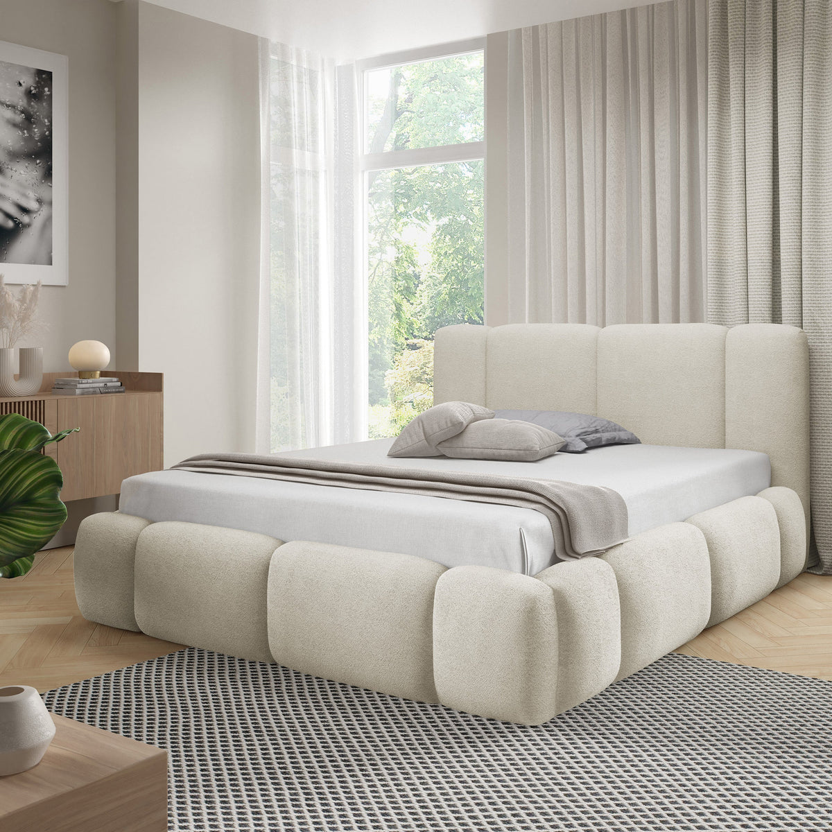 Łóżko tapicerowane Neria 140x200, 160x200 i 180x200 z pojemnikiem w stylu japandi – w aranżacji wnętrza