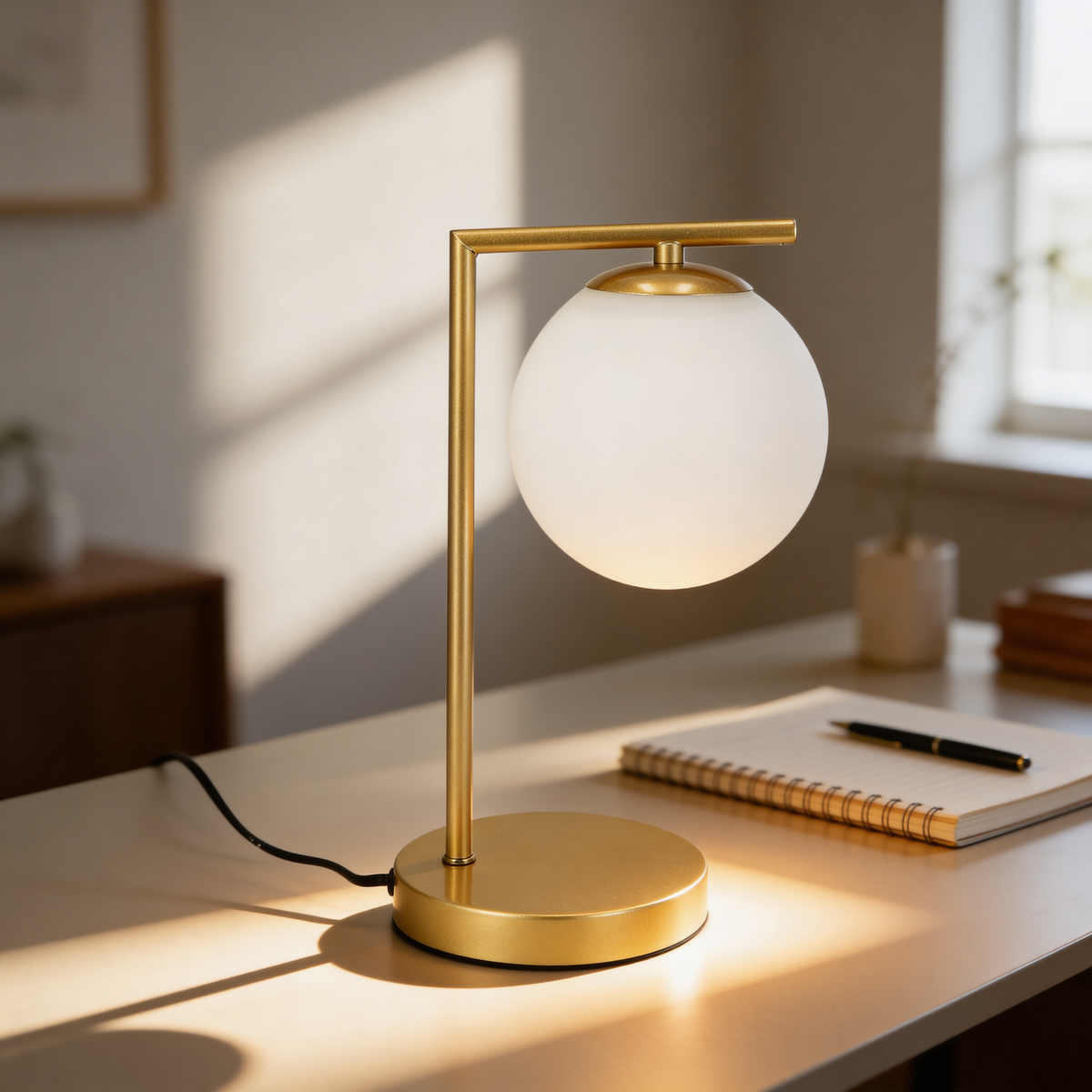 Lampka Orbitella biurkowa z szklaną kulą w stylu eleganckim – w aranżacji wnętrza