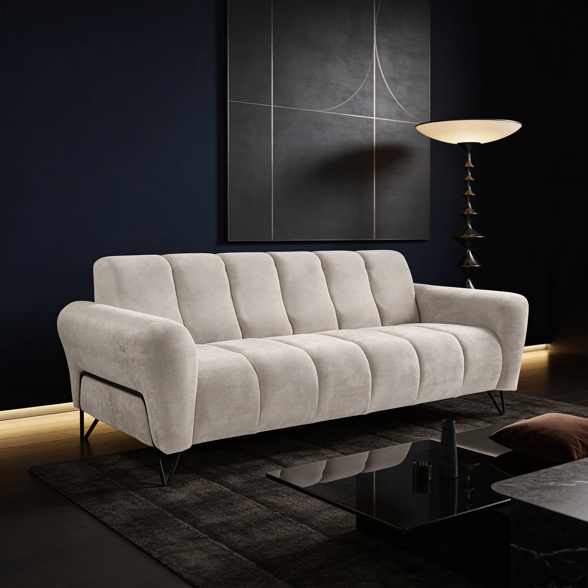 Sofa Nellia 3-osobowa do salonu w stylu soft, tkanina Storm – w aranżacji wnętrza