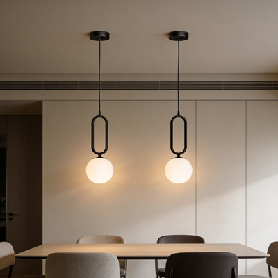Obal Pendant Lamp with Spherical Shade and Black Frame, Loft Style – in a room setting